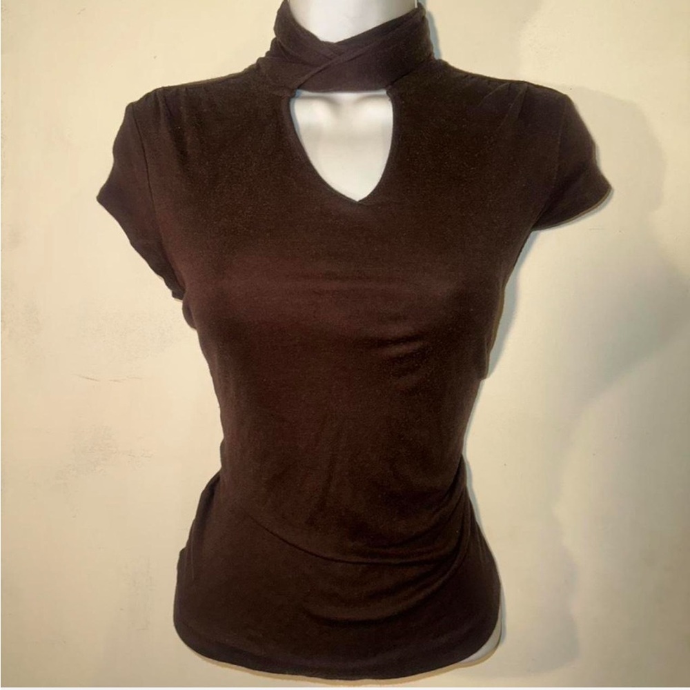 Women's Brown Keyhole Mock Neck Top